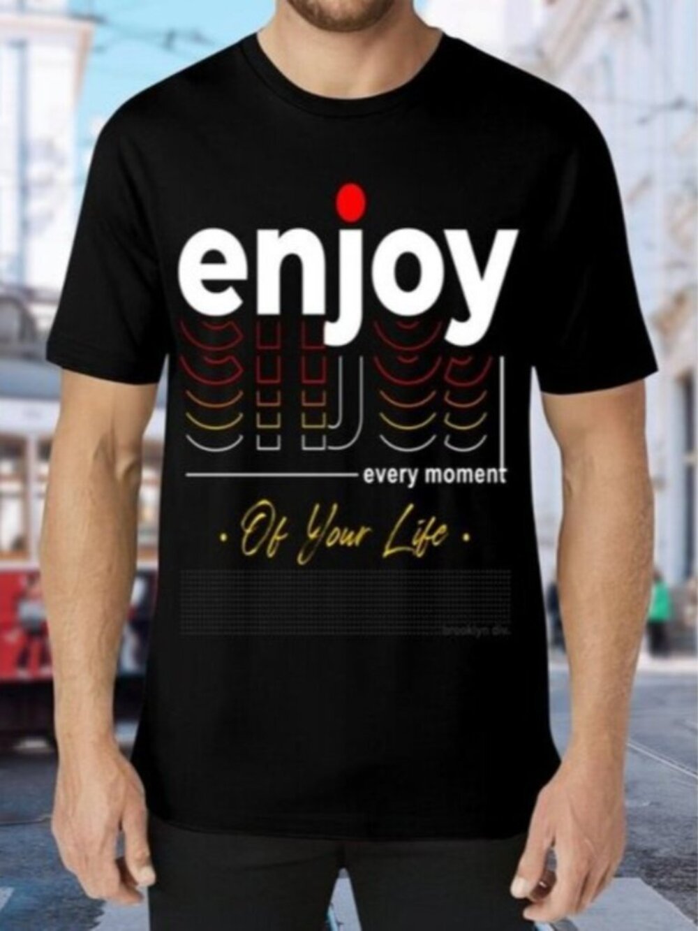Black Graphic T-Shirt with 'Enjoy' Print
